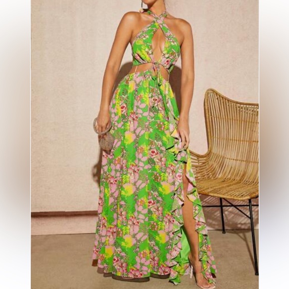 Boho womans tropical Floral Halter Maxi Dress size M - Picture 1 of 4